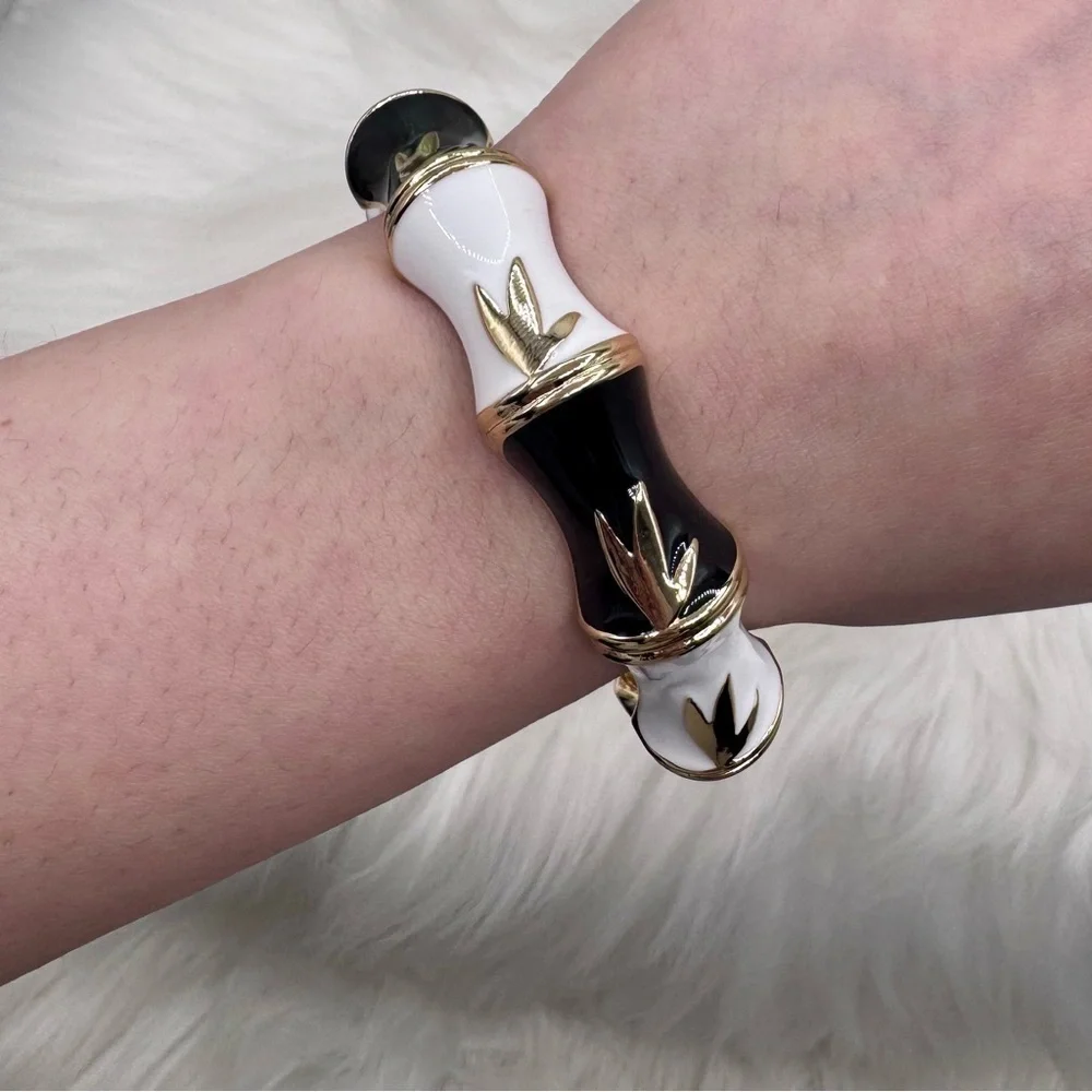 Black, Gold & White Design Thick Enamel Bangle Bracelet